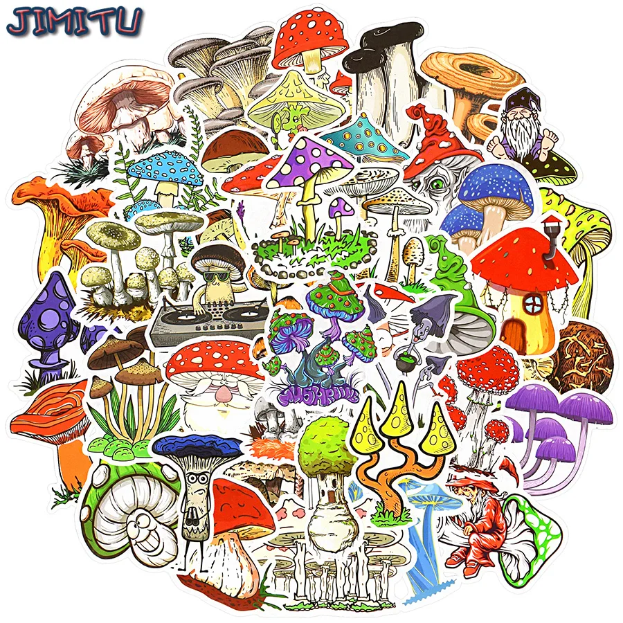 50 PCS Color Mushrooms Stickers Cute Plants Cartoon Laptop Sticker DIY Fridge Water Bottle Album Stationery Phone Kids Decals