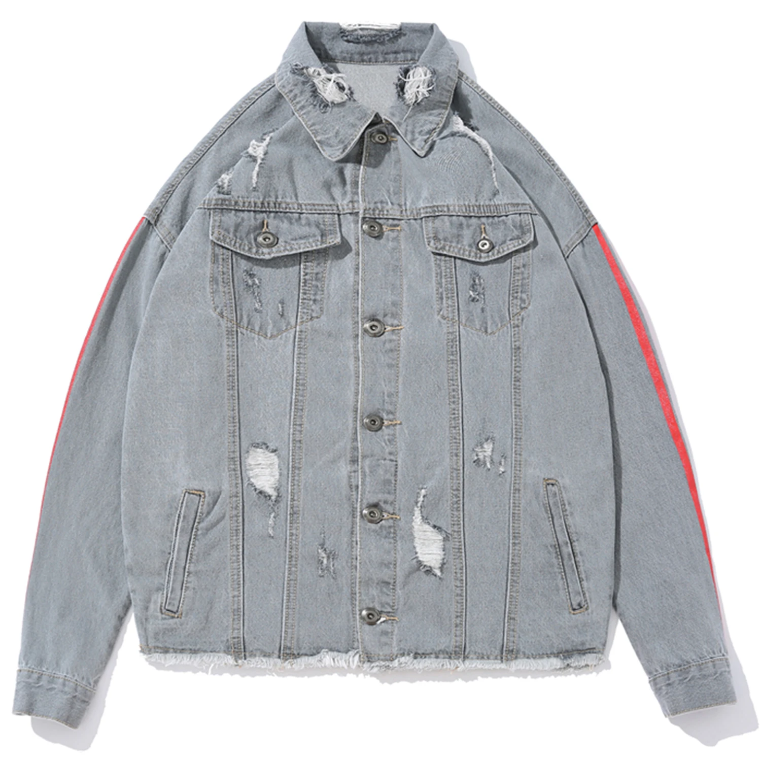 AELFRIC Hole Letter Printed Men Denim Jackets Harajuku Hip Hop Side Pipe Coat Fashion Streetwear Casual Male Vintage Long Sleeve