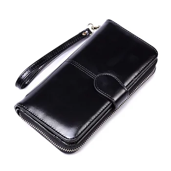 

New Fashion Women Lady Wallet Soft Oil wax Leather Zipper Wallet Long Women Clutch Wallet Female Designer Coin Card Purse Black