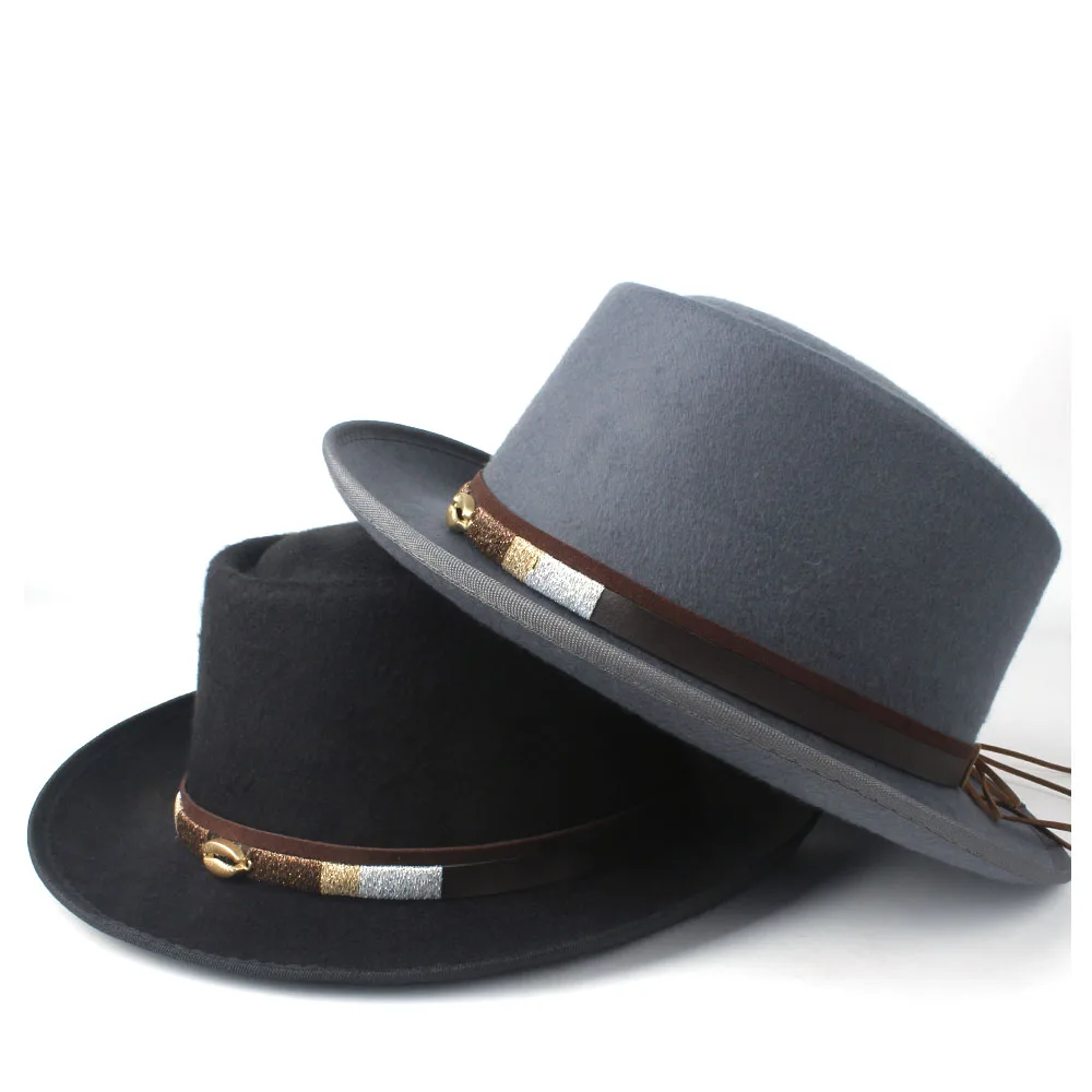 Unisex Men Women Pork Pie Hat With Belt Retro Trilby Hat Tea Party Hat Outdoor Casual Wool Flat Fedora Jazz Hat Size 58CM