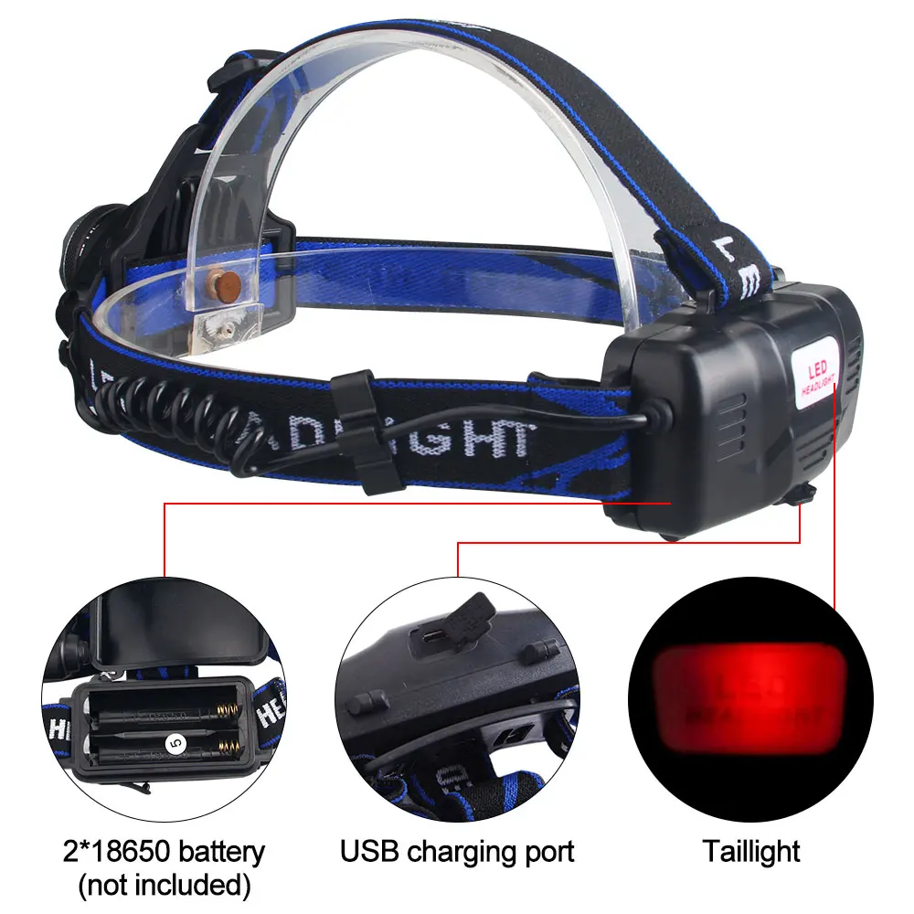 2000LM Green/Red/UV 395nm Headlamp Waterproof Zoomable Ultraviolet Headlight USB Rechargeable Head Lamp 3 Modes Hunting Torch