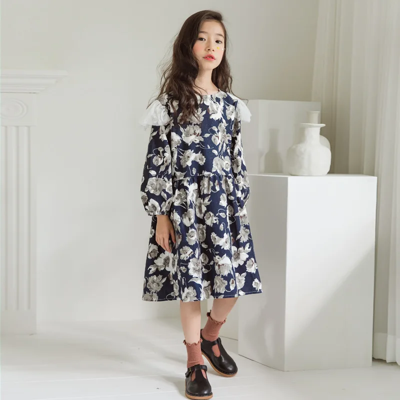 Платье для девочек осень г. Новое Детское хлопковое и льняное платье принцессы с большим бантом и цветочным рисунком красивое детское кружевное платье#5420