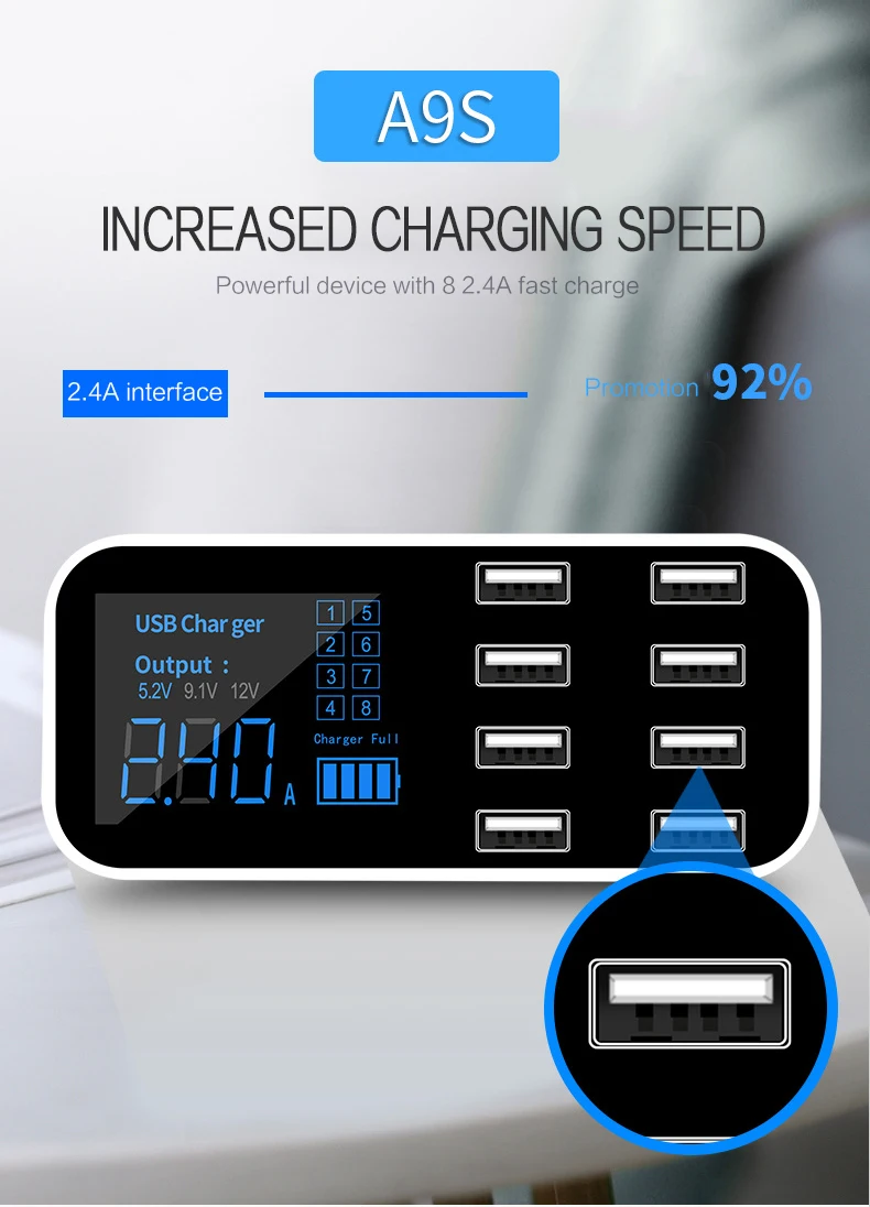 A9S 8 Port USB Charging Station With LED Voltage Current Display Multi Port Power Adapter Chager 2