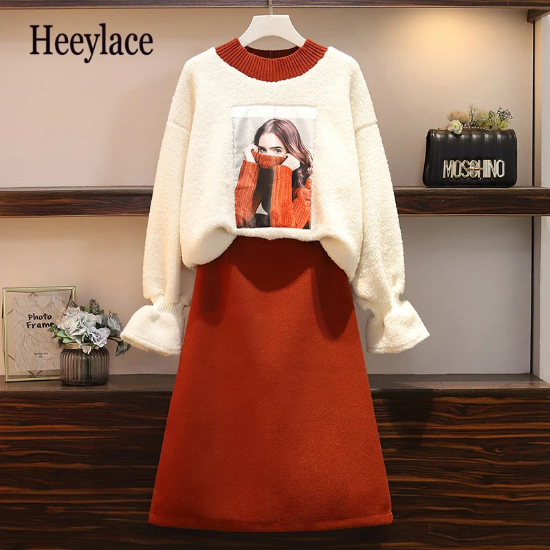 

Plus Size Women Autumn Winter Warm Two Piece Skirt Set Girl Printed Lamb Cashmere Sweatshirt Tops And Slim Slit Skirt 2Pcs Suit