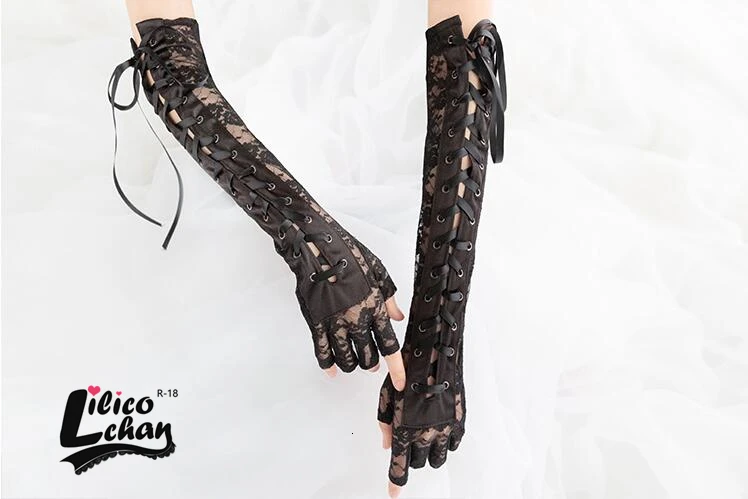 Черные кружевные перчатки без пальцев Локоть стимпанк для женщин костюм вечерние теплые перчатки сексуальные варежки Клубная одежда аксессуары для косплея