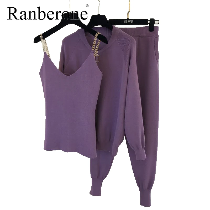 

Ranberone 3 Piece Women Suit Tracksuit Winter Sport Vest Knitted + Zipper Jacket + Elastic Pants Fashion Female Sweatshirt Set