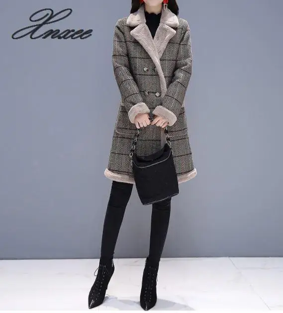 

Xnxee woolen coat female long section 2019 autumn and winter wear new thickening plus velvet tartan woolen coat