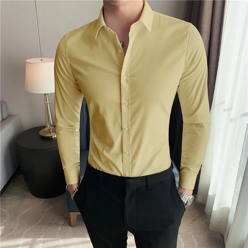 Plus Size S-7XL Men Dress Shirt Autumn Long Sleeve Solid Business Slim Shirt Homme Social Casual