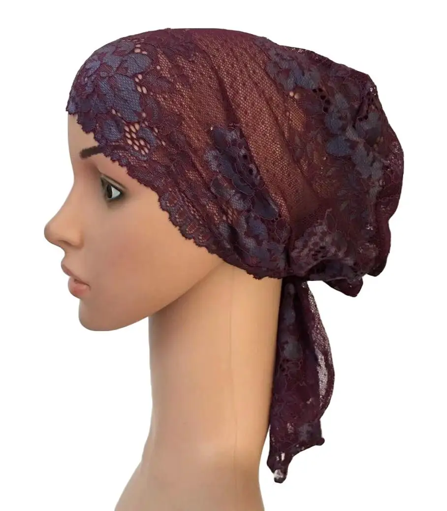 Flower Women Muslim Inner Cap Lace Head Wrap Cover Scarf Islamic Headwear Bonnet Hat Skullies Beanies Hair Loss Fashion