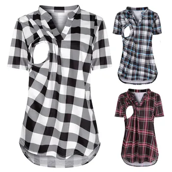 

Maternity Summer Shirts Blouse For Pregnant Women Maternity Short Sleeve Plaid Print Nursing Tops Blouse For Breastfeeding