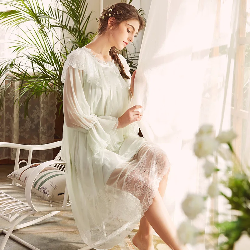 

Wasteheart Spring Women Fashion Female Green Sexy Sleepwear Nightdress Lace Mesh O Neck Nightwear Sleepshirts Nightgown Homewear