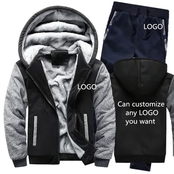 

Winter Hoodies Men Can customize LOGO Mens Hoodies Suit Thicken Warm Fleece cotton Zipper Tracksuit Mens Jacket+Pants 2Pcs Sets