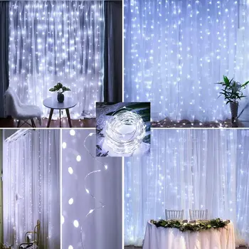 

300 LED Curtain Light USB Remote Control Copper Wire Fairy Window Light 8 Modes String Light for Gazebo Wedding Cool White 3x3m