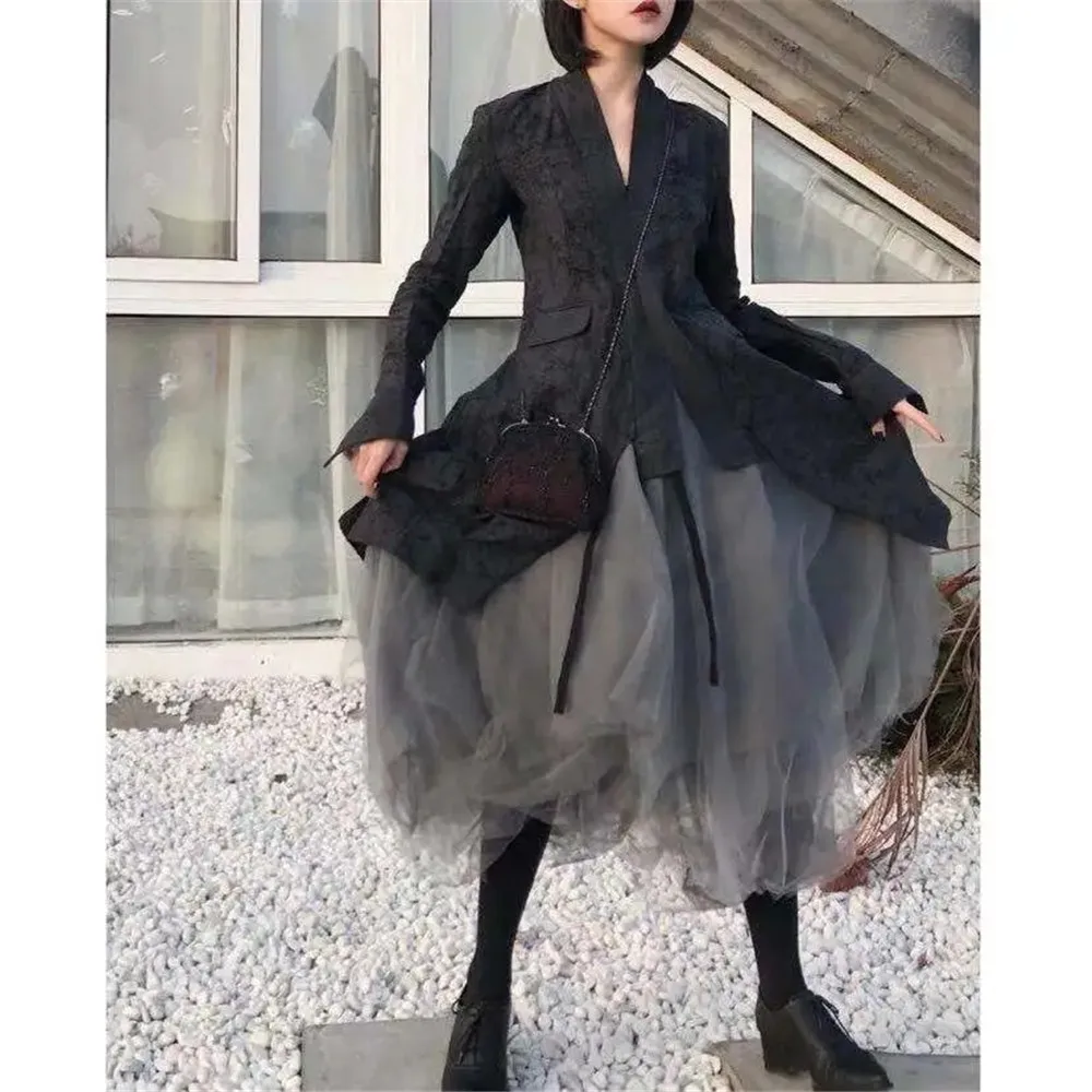 Vintage Punk Gothic Grauer Tüll Langer Unregelmäßiger Plissierter Rock Damen Elastische Hohe Taille A-Linie Mesh Midi-Röcke Streetwear – Detail 12