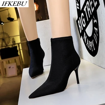 

2020 Brand Knitting Ankle Boots Women Sexy High Heels Zip Shoes Ladies Pointed Toe Short Boot Black Vintage Zapatos De Mujer