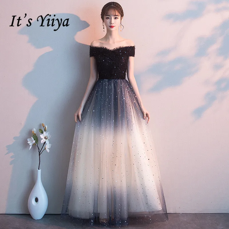 

It's Yiiya Evening Dress Black Gradient Shiny Party Dresses Boat Neck Off The Shoulder Formal Gowns Elegant Robe De Soiree K176