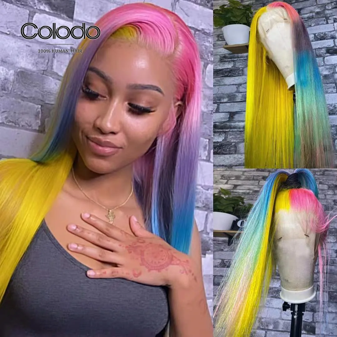 1426 Inches Custom Rainbow Ombre Brazilian Human Hair Lace Wig