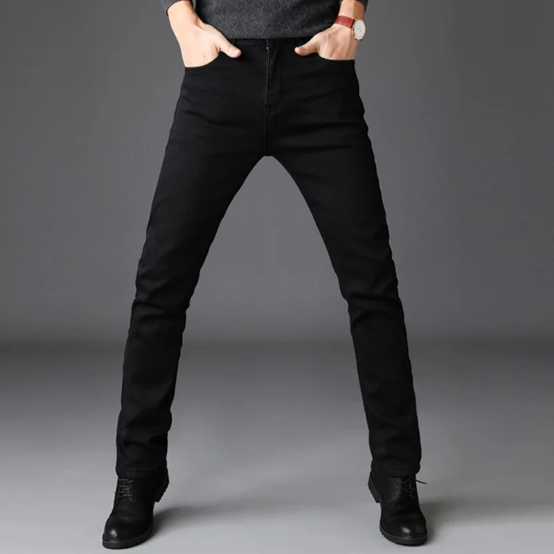 2020 NEW Men Fashion Winter Jeans Men Black Color Slim Fit Stretch Thick Velvet Pants Warm 3