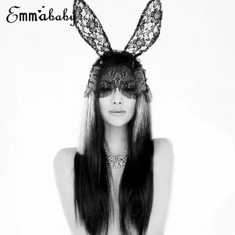 Sexy Black Lace Masquerade Mask Women Halloween Costume Party Rabbit Bunny Ears Lace Eye Mask Black