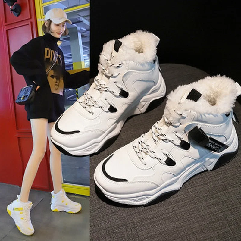 

Women Sneakers Fashion Winter Short Plush Keep Warm Round Toe Platform Cross Tied Breathable Solid Leisure Women Sneakers