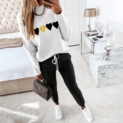 2021 Sportswear Home Suits Heart Print Long Sleeve Women's Sweatshirt Top Casual Drawstring Waist Pants 2 Piece Set Tracksuits