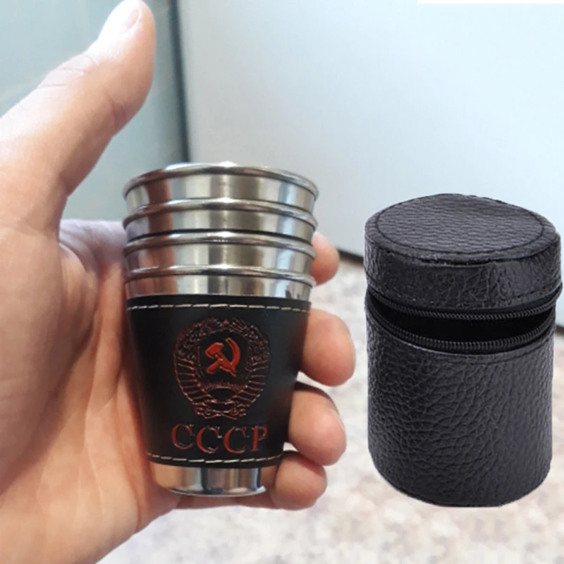 

4Pcs/lot 70ml Camping Cup Outdoor Tableware Travel Cups Water Mugs Stainless Steel Wine Beer Cup PU Leather Picnic Hiking Beach