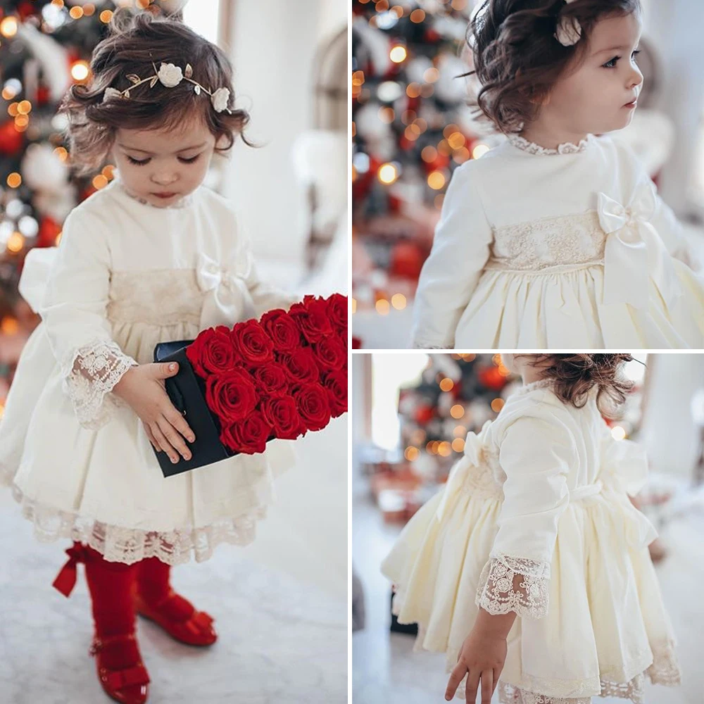 Детское рождественское платье для маленьких девочек платье принцессы с расклешенными рукавами и кружевным бантом детское вельветовое платье для вечеринки, рождественское бальное платье 1-6Y