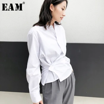 

[EAM] Women White Irregular Split Big Size Blouse New Stand Collar Long Sleeve Loose Fit Shirt Fashion Spring Autumn 2020 1W515
