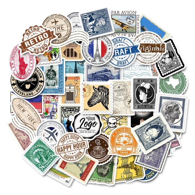 50Pcs Vintage Stamp Stickers, Retro Travel Sticker for Teens Adults,  Waterproof Vinyl Stickers for Scrapbook Laptop Water Bottle Skateboard