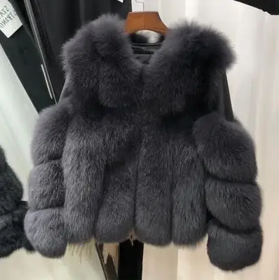 dark gray Женская теплая шуба из натурального Лисьего меха, короткая тонкая зимняя куртка из натурального меха, модная верхняя одежда, роскошное пальто из натурального Лисьего меха для девочек - Цвет: dark gray