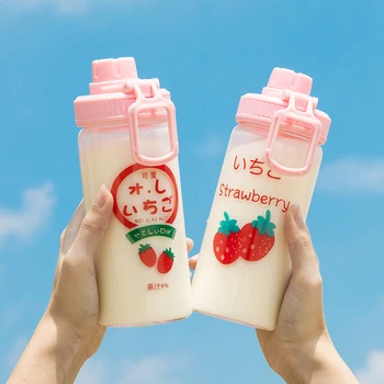 

500ML Fashion Strawberry Glass Water Bottle With Straw Creative Simple Portable Transparent Milk Juice Cup With Protective Bag