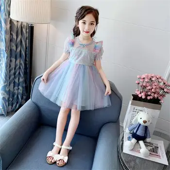 

Y547 2020 new sweet children's dress girls summer dance performance clothes big children's rainbow dress wholesale chid clothes
