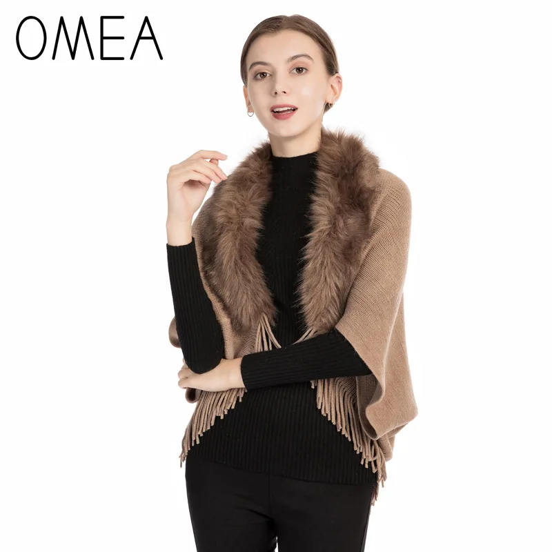 OMEA Fur Collar Poncho Women Winter Knitted Pullover Poncho with Tassel Women Shawl Solid Color Female Ponchos and Capes Ladies