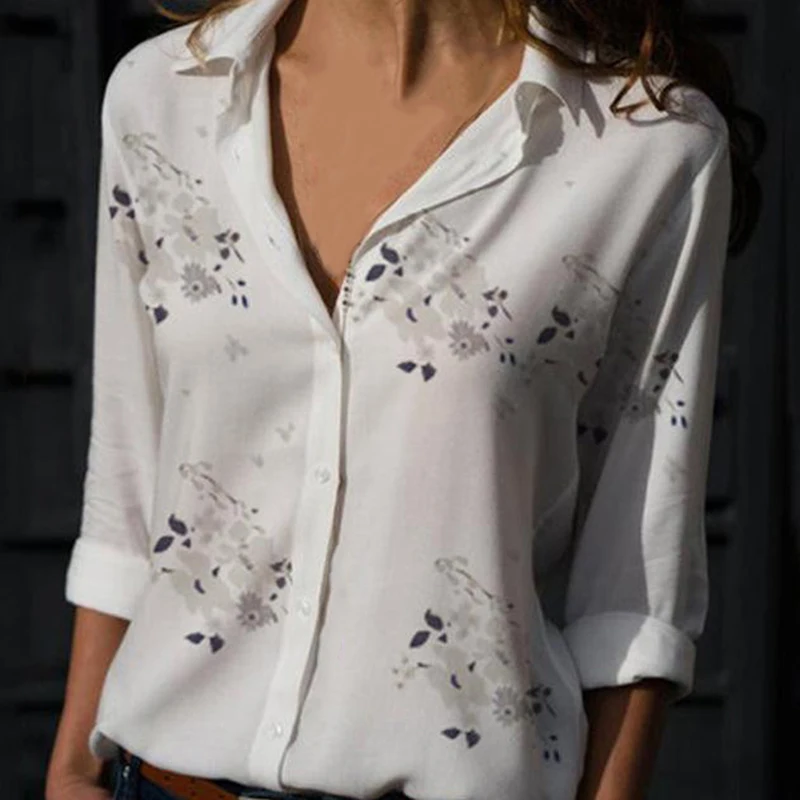 

Leopard Floral Print Chiffon Fabric Dress Blouse Shirt Women Long Sleeve Office Ladies Tops Female Turn Collar Loose Shirts