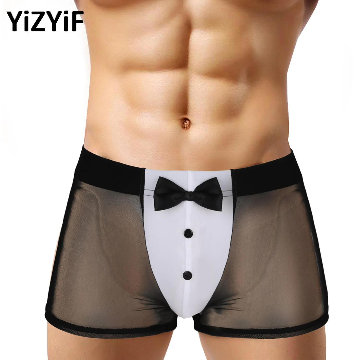 

Sexy Men See Through Underwear Black Mesh Transparent Boxer Briefs Servant Sex Cosplay Waiter Tuxedo Lingerie