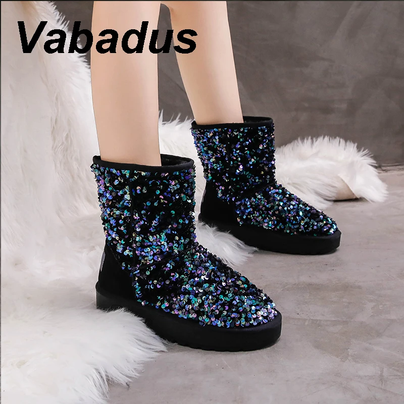 Ботинки женские Vabadus зимние до середины икры с блестками на плоской подошве