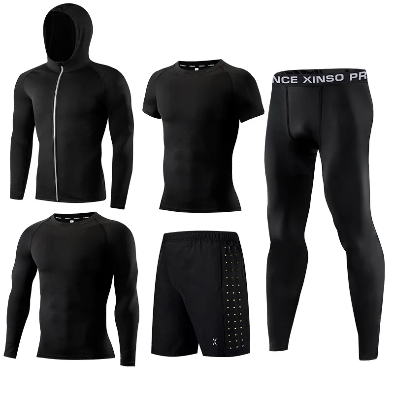 Набор для фитнеса, мужские спортивные быстросохнущие баскетбольные колготки для бега, зимняя тренировочная одежда, пять комплектов ночного бега - Цвет: Серый