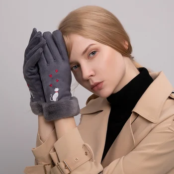 

Winter Women Gloves New Touch Screen Wrist Gloves For Ladies Cat Embroidery Plush Inside Soft Outdoor Warm Female Gloves
