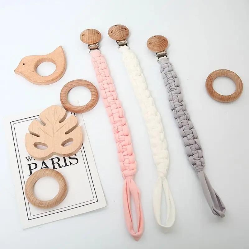 Baby Pacifier Clip Chain Holder Beech Wooden Teether Teething Soother Molar Infant Toy Accessories
