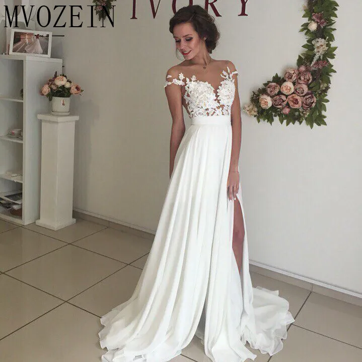

Boho White Wedding Dresses Chiffon A-Line Cap Sleeves Lace Bridal Gowns High Split Wedding Dress vestido de noiva