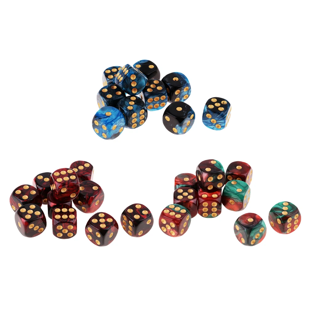 30x Two Colors Square 6 Sided 16mm (D6) Table Game Dice Set With White Pips