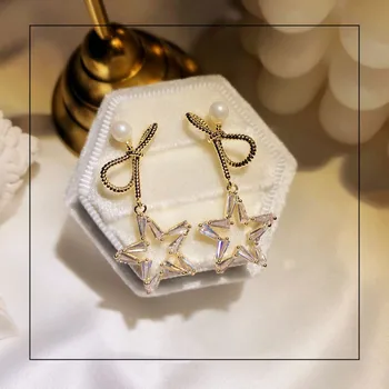 

92S Sterling Silver Needels Drop Earrings For Women Bowknot Star Pendant Eardrop Earring Cubic ZIrconia Sweet Fine Jewelry