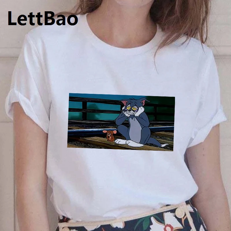 

Sad Cat Tom and Mouse Jerry Print Shirt 90s Lady Tees Soft Short Sleeve Cotton O-Neck Casual Tops Women 2019 Aesthetic Tshirt