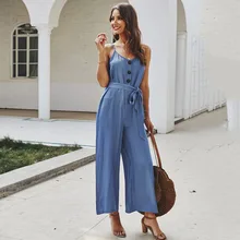 Spaghetti Strap Summer Jumpsuit Button Up Belt Loose Playsuit Solid Backless Streetwear Casual Rompers Sexy Overalls For Women Spaghetti Strap Summer Jumpsuit Button Up Belt Loose Playsuit Solid Backless Streetwear Casual Rompers Sexy Overalls For Women