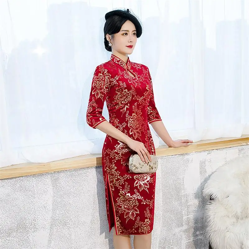 2452 Велюровое традиционное китайское Ципао платье Элегантное Qipao длиной до колена Cheongsam Vestidos Размер L-5XL - Цвет: 2452