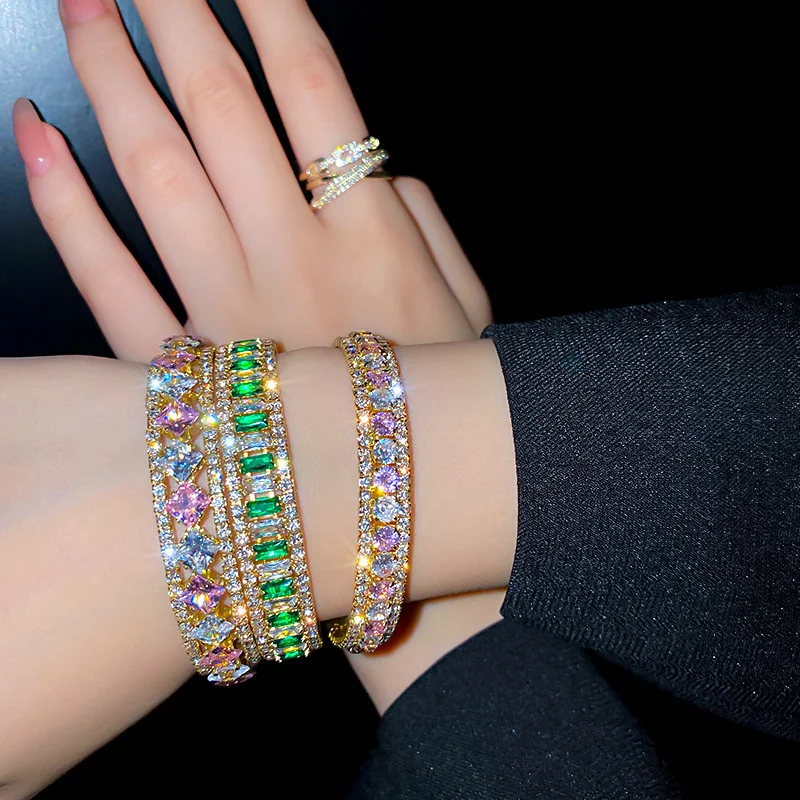 Geometric Zircon Bracelet & Bangles For Women Pink Green Crystal Cuff Bracelets Weddings Party Jewelry