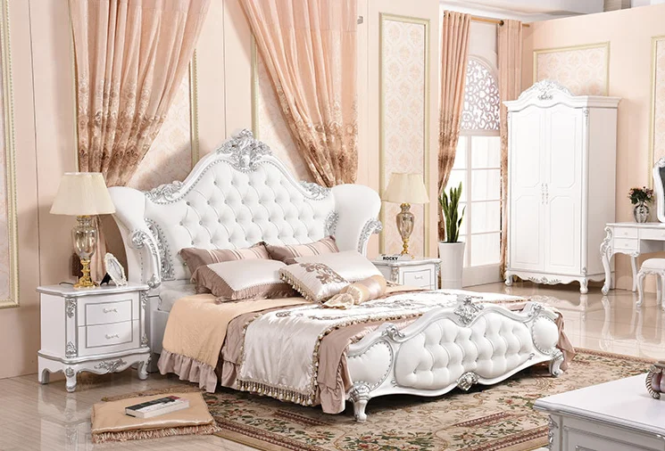 Серебряный Классический дизайн спальни мебель набор античный Король Размер Кровать ручная резьба кровать