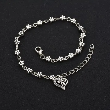 Women's Vintage Heart Flower Barefoot Sandals Beach Anklet Tassel Chain Foot Jewelry Bracelet on Leg Bracelet Ankle Jewelry