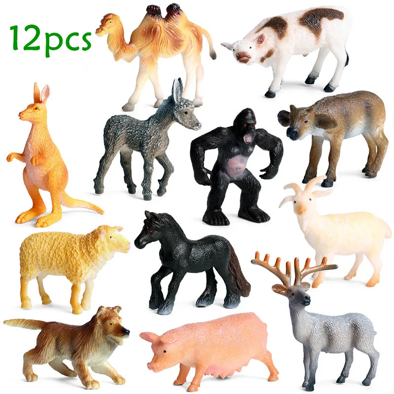 

12pcs Simulation Animal Model Kangaroo Elk Camel Gorilla Goat Donkey Pig Early Insect Bird Fish Education Toys for Boys Girls