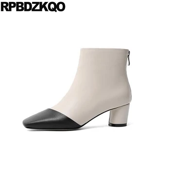 

shoes short block booties fashion ankle high heel 2019 brand women winter boots genuine leather chunky square toe autumn beige